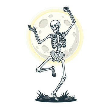 Spooky dancing skeleton character with skull bones under a Halloween full moon