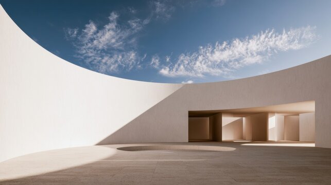 Modern minimalist architecture with white curved walls and open circular roof under blue sky with scattered clouds and sharp sunlight shadows