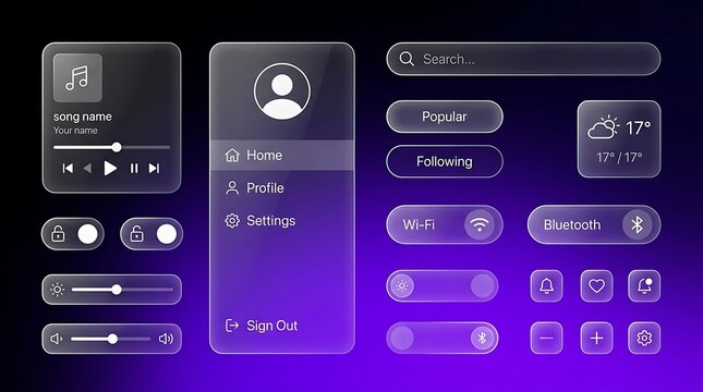 Modern Glassmorphism UI Kit Featuring Translucent Interface Elements for Digital Application Design and User Experience Development