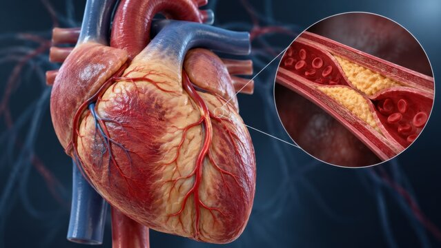 Anatomical heart model showing coronary artery disease with cholesterol plaque buildup blocking blood flow.