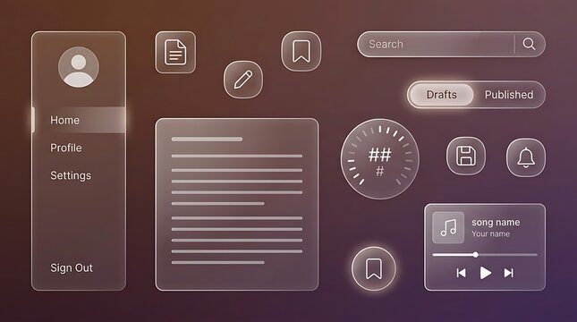 Glassmorphism User Interface Design Kit Featuring Frosted Translucent UI Elements and Navigation Menu Components for Modern Web Apps