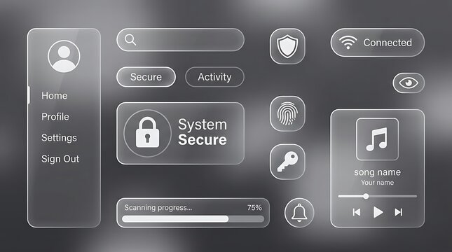 Modern Glassmorphism User Interface Elements Set Featuring Digital Security Controls and Multimedia Player Widgets for Software Design