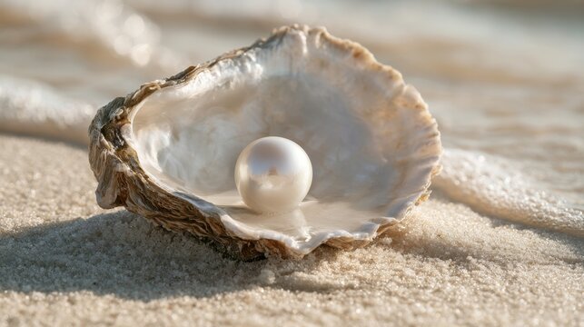 Single white pearl inside open shell on sandy beach with ocean wave background close-up natural beauty