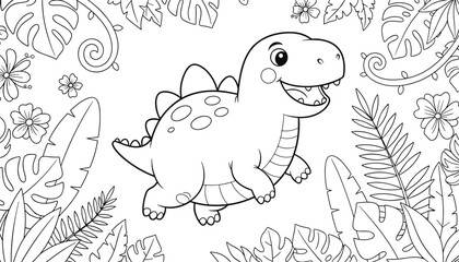 Fototapeta premium Fun dinosaur coloring book page for children featuring a cute stegosaurus cartoon character in a tropical jungle.