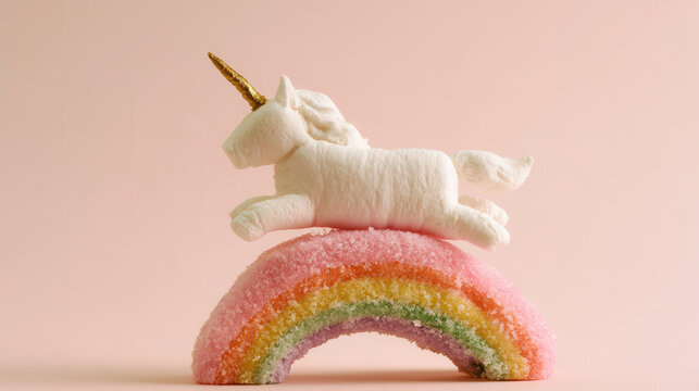 Cute unicorn marshmallow candy sitting on rainbow gummy bridge treat base.