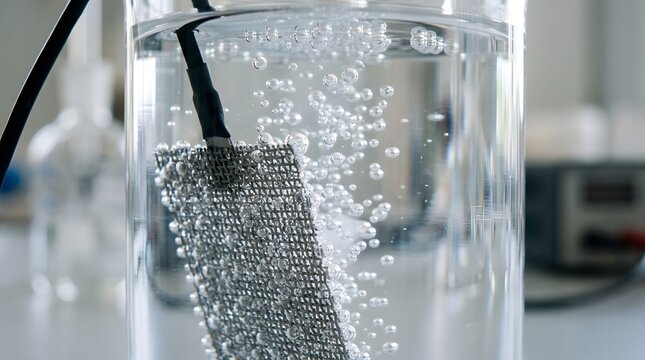Metal mesh electrode submerged in clear liquid generates many rising bubbles during scientific electrolysis experiment inside a glass beaker vessel