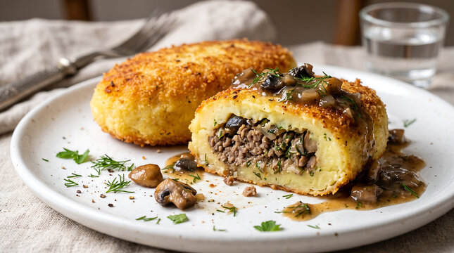 Hyper Realistic 9K Tight Macro Angle Close Up Ukrainian Zrazy Stuffed Potato Cakes with Minced Beef Food Photography