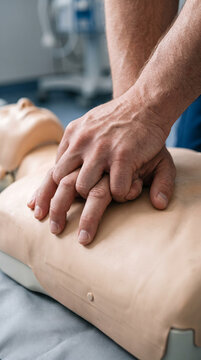 Medical student practicing chest compressions on CPR training dummy in hospital