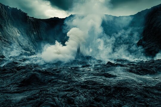 Volcanic landscape shrouded in dramatic smoke and mist.