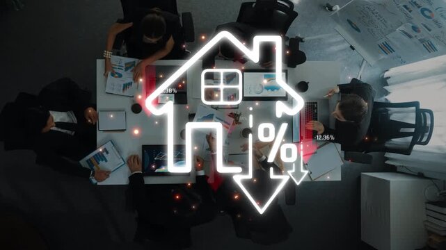 Business Meeting on Real Estate Trends with House Icon and Percentage Decrease Graphic Overlay Sigmoid