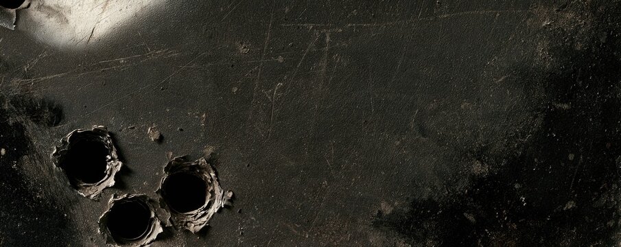 Close-up of a scratched and dented black metal surface featuring three bullet holes in the lower left corner.