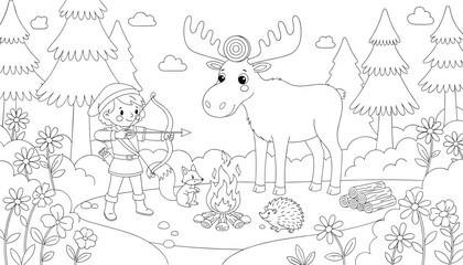 Fototapeta premium Cute childrens coloring page featuring a young archer aiming a bow at a friendly moose near a cozy forest campfire.