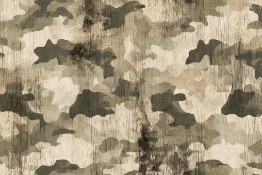 A vintage-style camouflage pattern in muted browns, greens, and beige tones, with a distressed, weathered wooden texture background.