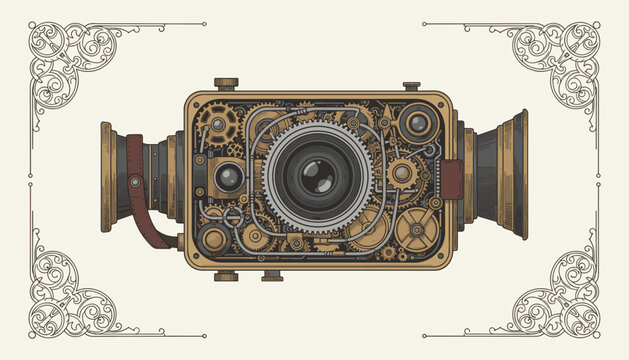 Intricate steampunk vintage video camera design with golden gears, brass cogs, and detailed mechanisms inside.