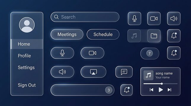 Glassmorphism UI Kit Featuring Modern Translucent Navigation Sidebar and Interactive Communication Control Elements for Digital Interfaces