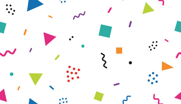 Vibrant seamless abstract geometric pattern with colourful triangles, squares, dots, and squiggly lines in Memphis style.