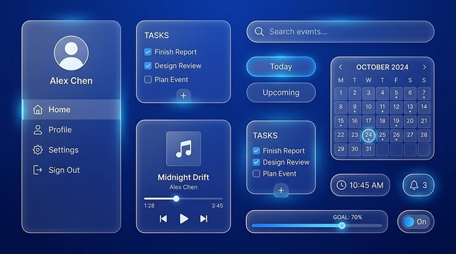 Modern Glassmorphism User Interface Kit Featuring Translucent Dashboard Elements and Interactive Controls for Digital Application Design