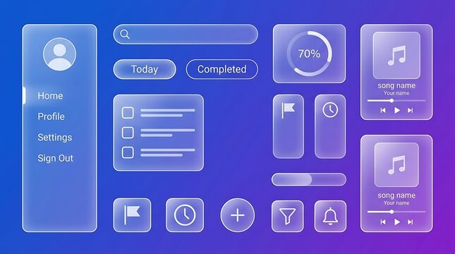 Glassmorphism UI Interface Kit Collection Featuring Translucent Frosted Glass Elements for Modern Software Application Design