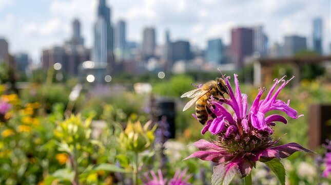 Honey bee pollinating a purple flower in a city garden park