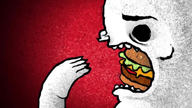 man with binge eating disorder devouring hamburgers in sketch style