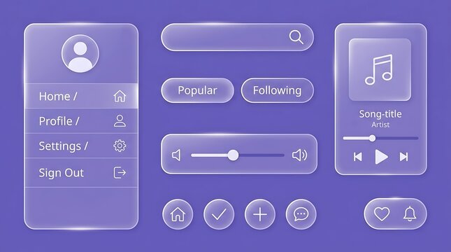 Purple Frosted Glass User Interface Elements Set With Music Player Navigation Menu Search Bar And Interactive Icons For Modern Application Design