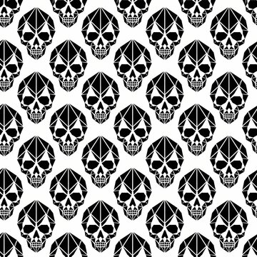 Geometric skull seamless pattern, black and white low poly skulls background, gothic abstract textile and wrapping paper design