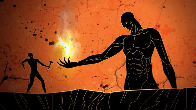 giant prometheus giving the divine fire of the gods to humanity