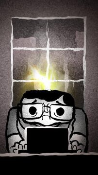 burned out office employee with fire coming from his head
