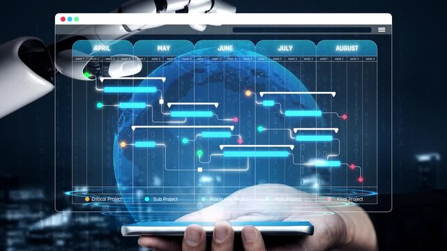 Futuristic Project Management Display with Robotic Hand and Global Calendar Interface for Visualizing Gantt Chart Details and Timeline Planning Sigmoid