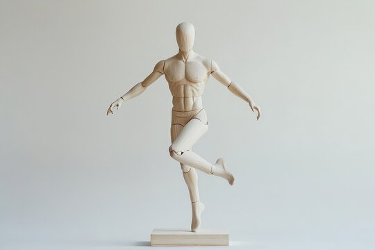 Wooden mannequin in a dynamic, leaping pose.