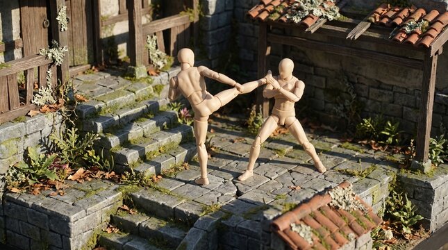 Miniature wooden mannequins sparring and fighting on stone steps of ancient diorama ruins