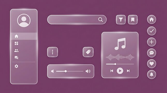 Set of glassmorphism style user interface elements and menu navigation components for modern web and mobile application design
