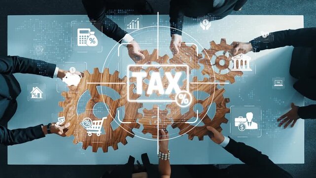 Business Team Collaboration on Tax Strategy with Digital Elements and Gears in Office Setting for Financial Planning and Analysis Sigmoid