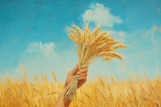 A golden wheat bouquet held aloft against a vibrant summer sky.
