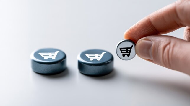 Hand placing a shopping cart icon next to two other shopping cart icons, representing e-commerce and online shopping