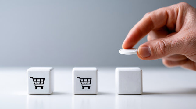 A hand places a white coin on an empty cube next to two cubes with shopping cart icons. A concept illustrating e-commerce, online shopping, or financial choices.