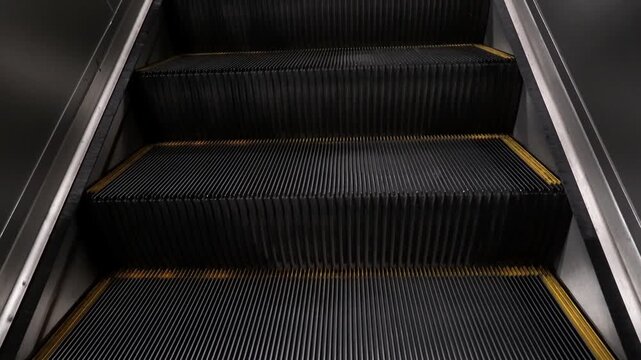 Close up view of moving escalator steps with yellow safety edges in a modern building interior