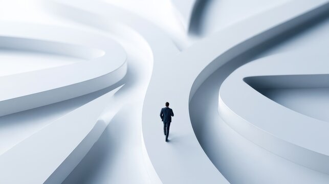 A lone businessman walks through a maze-like structure, symbolizing choice and decision-making