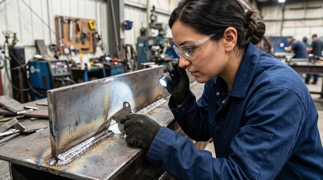 Female welder inspects metal seam with flashlight in industrial workshop