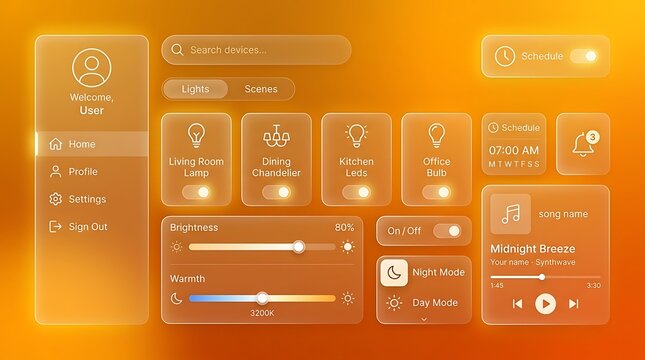 Modern Home Automation Dashboard Interface Design with Glassmorphism Effect for Smart Light Control and Media Management