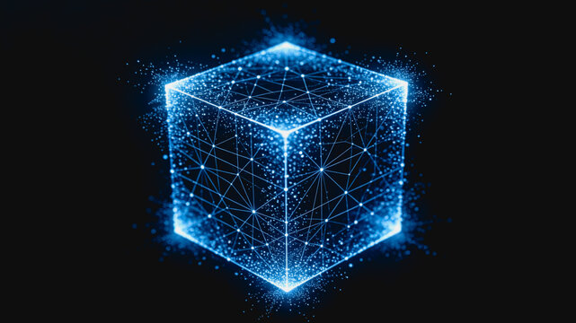A 3D digital cube formed by interconnected glowing nodes and lines, representing data network and technology concept.