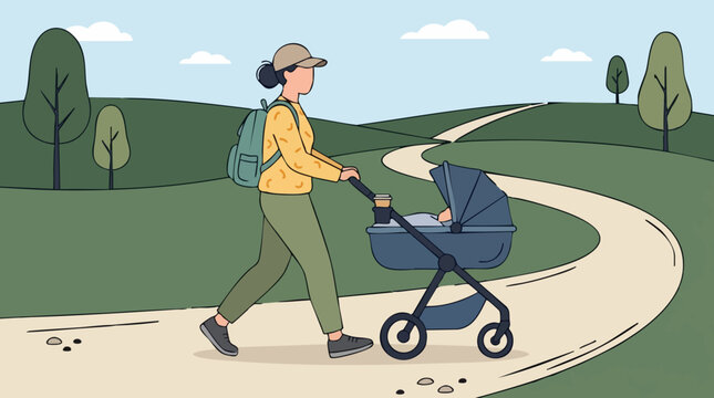Illustration of a mother pushing a baby stroller on a winding path in a park