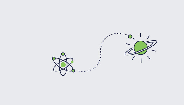 Science icon showing a planet Saturn connected to an atom structure by a dotted wavy path on a light grey background.