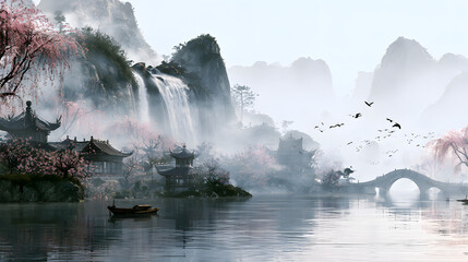 Obraz premium Chinese-inspired landscape featuring lakes and mountains, rendered in Japanese watercolor style with waterfall, hills, cherry blossom trees, temples, boat, bridge, and birds. Perfect for wall art, pri