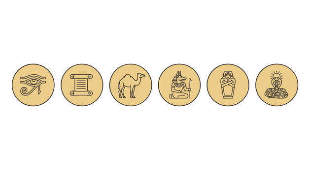 Ancient Egyptian icons in gold circles featuring Eye of Horus, scroll, camel, Anubis, sarcophagus, and cobra snake.