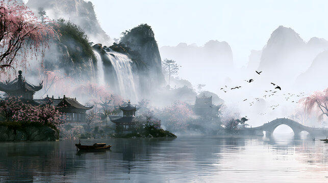 Chinese-inspired landscape featuring lakes and mountains, rendered in Japanese watercolor style with waterfall, hills, cherry blossom trees, temples, boat, bridge, and birds. Perfect for wall art, pri
