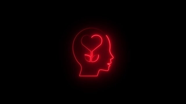 Neon human head profile with growing heart plant symbolizing mental health and self-love psychology mindfulness