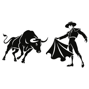 Spanish bullfighter silhouette with charging bull vector, traditional matador and bullfight scene, black and white bullfighting graphic for logo