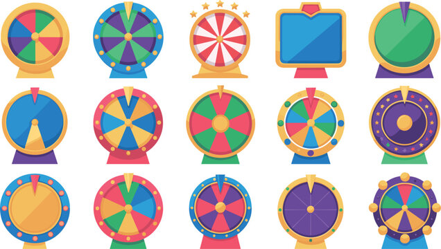 PrintLucky Fortune Wheel Vector Set with Colorful Spinning Game Wheels and Quiz Displays for Casino Gambling and Online Sweepstakes Designs
