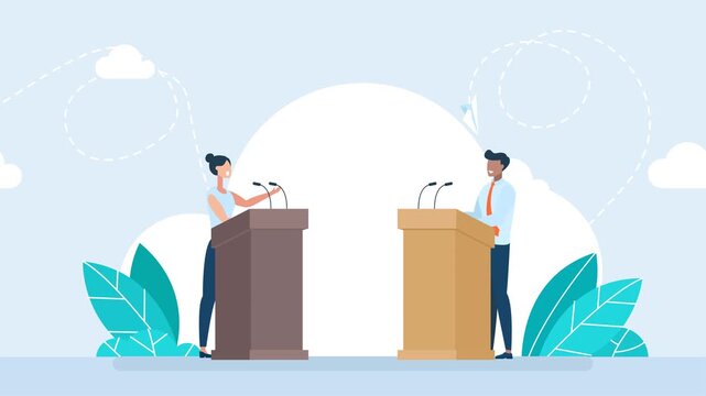Woman speaker talking behind tribunes with mic. African-american man speaker talking behind tribunes with mic. Political debates, conference presentation, public speaking speech. 2d flat animation